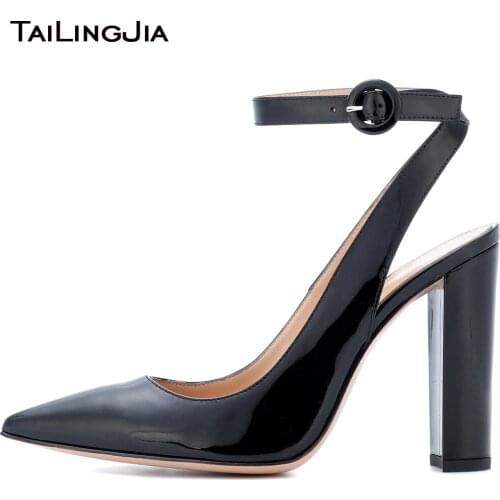 Elegant Pointed Toe Women Ankle Strap Chunky Heel Pumps Ladies Big Size High Heel Black Slingbacks Nude Party Heels Office Shoes