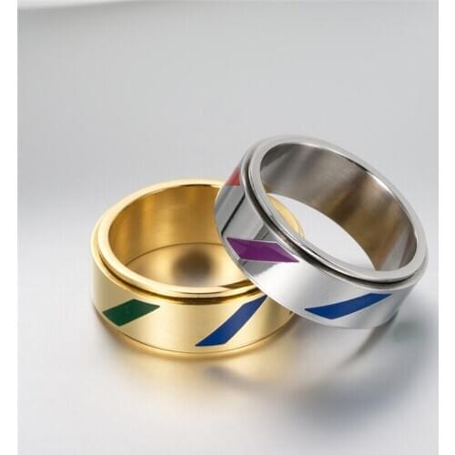 INSCHIC Whole Sale Store European American Titanium Steel Rotatable Rainbow Flag Ring For Gay Men Unix Golden Decoration Jewelry