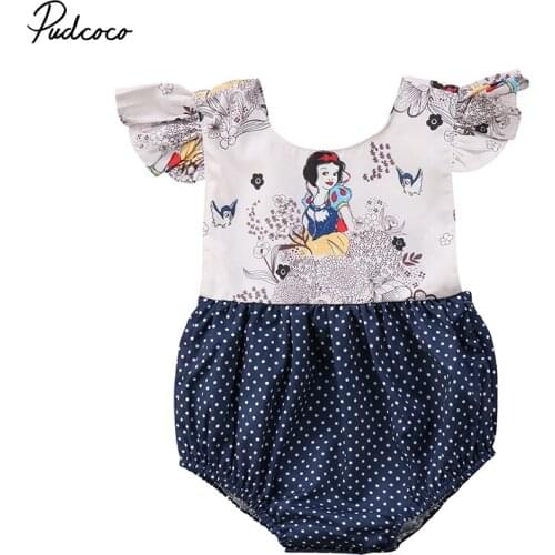 Lovely Newborn Baby Girl Cartoon Snow White Ruffles Sleeve Patchwork Dot Princess Baby Romper Jumpsuit Outfit Sunsuit Clothes