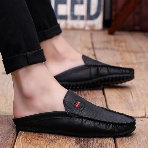 WEH shoes men leather Summer Pu Shoes Male Black Casual Man Sneakers Slip On Half Drag Men Shoes Rubber Bottoms Half slippers
