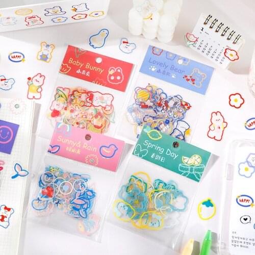 Kawaii Rabbit Bear Cute Animal Sticker Color PET Diary DIY Decoration Cartoon Stationery sticker Material Plan Label Paper Deali