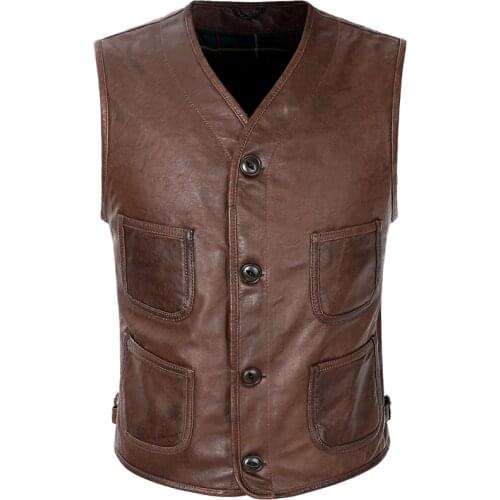 Mens Genuine Leather Vest Vintage Brown Slim Fit Waistcoat 100% Sheepskin Collarless Sleeveless Real Leather Jackets