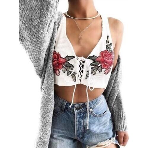 2018 Summer New Bralette Crop Tops Women Embroidery Vintage Tank Top Sexy V Neck Bandage Tops Sleeveless Low Cut Croptop Femme