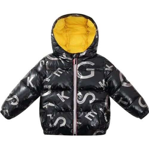 2021 winter new childrens solid color letter bright face down jacket boys and girls' manyin space suit thickened childrens coa