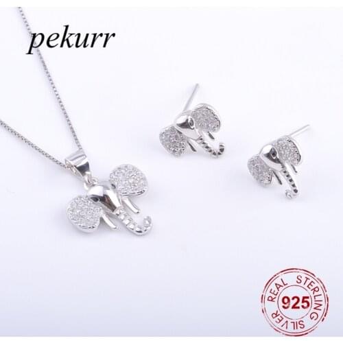 Pekurr 925 Sterling Silver Cute Baby Elephant Earrings Necklace Sets For Women Zircon Animal Pendants Girl Jewelry Sets