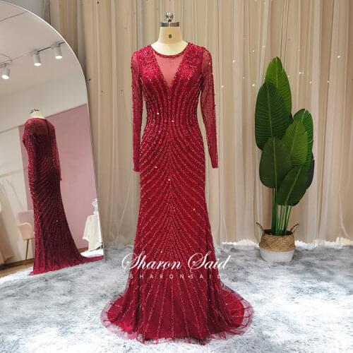 Luxury Beaded Gray Mermaid Dubai Evening Dresses Long Sleeve Arabic Burgundy Muslim Formal Dress Gold Women Wedding Party Gowns
