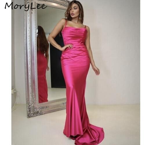 Pink Evening Dresses Spaghetti Straps Floor Length Mermaid Satin Evening Dresses With Zipper Back vestidos de fiesta de noche