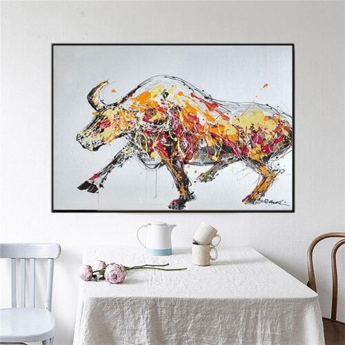 Hand Painted yellow bull painting cattle pictures modern abstract animal oil painting pop art for living room office decoration