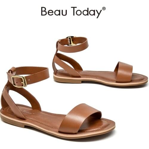 Gladiator Sandals Women Soft Genuine Cow Leather Open Toe Buckle Strap Ladies Summer Beach Flat Shoes Handmade BeauToday 32344