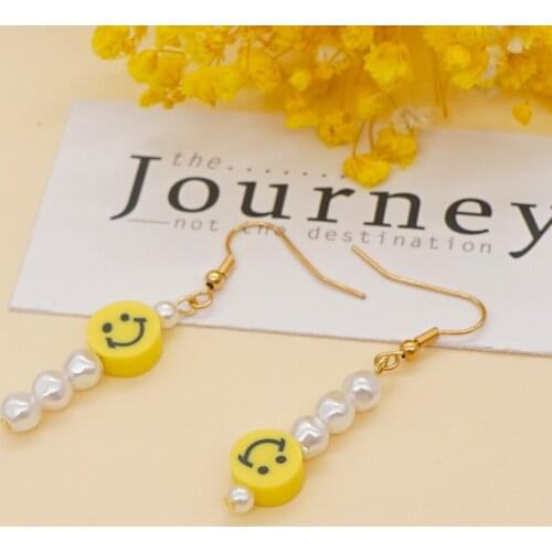 Go2Boho Smiley Face Drop Earrings Pearl Earring For Women Summer Beach Pearls Jewelry Stainless Steel Hook Dangle Long Earings