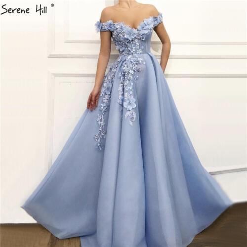 Blue Off Shoulder Sexy Beach Evening Dresses Handmade Flowers Pearls Sleeveless Evening Gowns 2020 Serene Hill LA60868