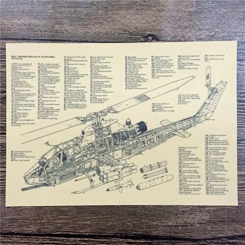 SPF-254 "Helicopter exploded view" vintage kraft paper wall art sticker poster vintage pictures for house cafe bar 42x30 cm