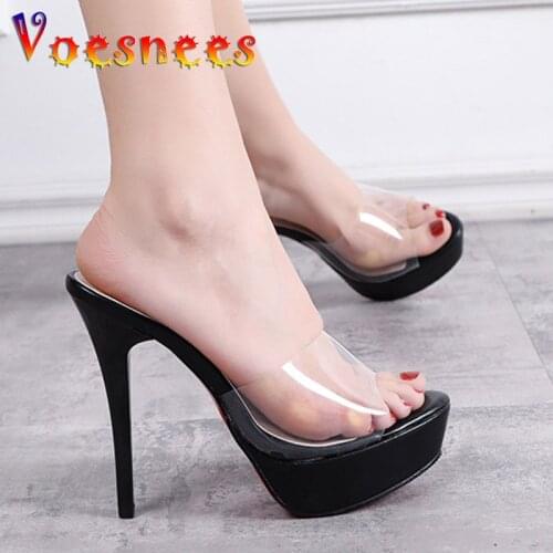 Shoes Women Sexy Super High Heel 13CM Fine with Waterproof Table Slippers Transparent Crystal Shoes Wedding Banquet Lady Sandals
