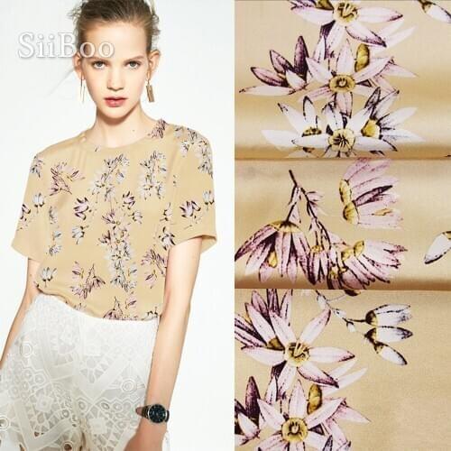 Floral style printed fabric spring summer dress skirt silk light yellow fabric tissu de mousseline de soie tela de seda SP5739