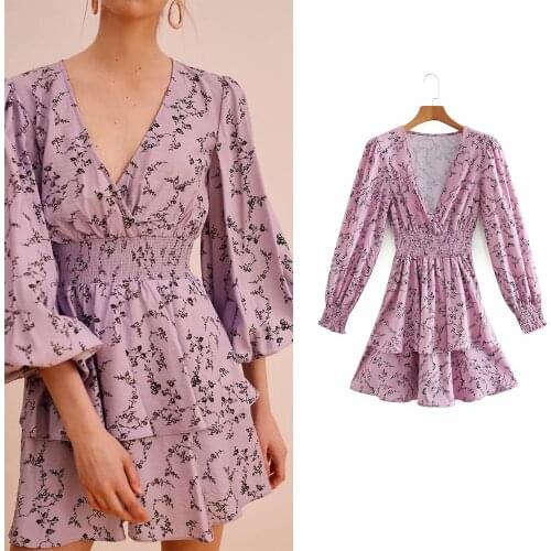Women Sexy Party Dress Za Fashion 2021 Floral Print V Neck Ruffles Mini Dress Long Sleeve Sweet Vintage Chic Mujer Vestidos