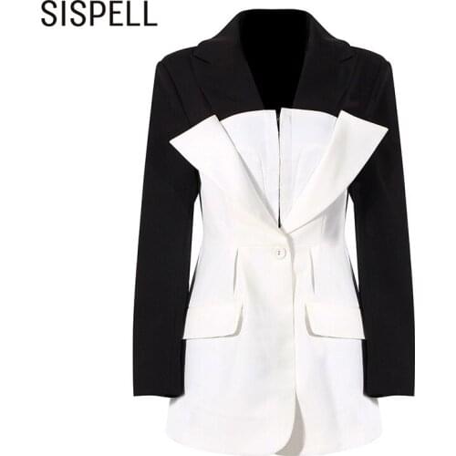 SISPELL Patchwork Hit Color Blazer Coat For Female Lapel Collar Long Sleeve High Waist Slimming Womens Elegant Coat Fashion