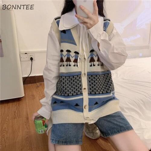 Sweater Vests Womens Autumn Kawaii Printed Leisure Loose Knitted V-Neck Single Breasted Sleeveless Chic Teens Korean Style Femme