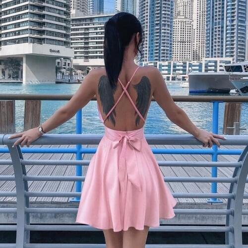 Women Solid Color Satin Sexy V-neck Spaghetti Strap Mini Dresses Lady Behind Bow Female Short Dress Slim Fit A-line Beach Dress