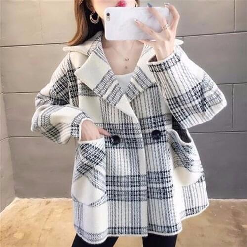 Retro plaid woolen coat womens 2021 spring and autumn fashion casual knit sweater mid-length loose woolen coat