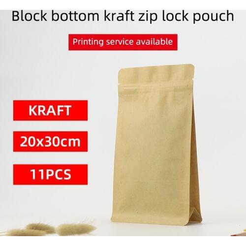 20x30cm 11pcs block bottom stand up pouch with zipper brown kraft paper zip lock flat bottom quad sealed food packaging bag