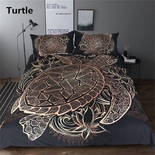 Turtles Bedding Set Duvet Animal Bohemian Black Golden Tortoise Duvet Cover King Sizes Flowers Lotus Home Textiles 3pcs Luxury