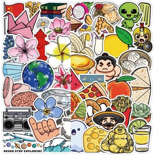 50PCs Cartoon Childrens Food Toy Stickers Waterproof Reusable DIY Refrigerator Kitchen Mark Water Bottle Luggage Graffiti Decal