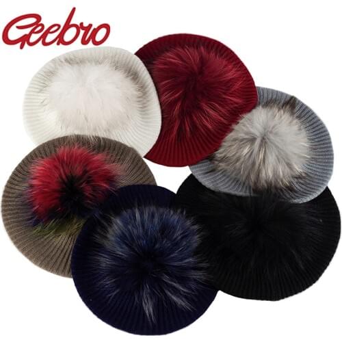 Geebro Spring Autumn knitting Warmth Hat New Women Retro Beret Raccoon Pom Pom Berets Girls Lady Solid Color British Style Hats