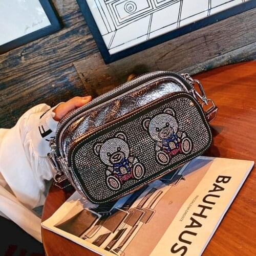 Shining Split Leather Bags for Women Crossbody Bag Mini Rhinestone Brand Designer Wide Strap Shoulder Bolso Cute Bear Sacs