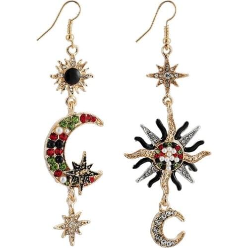 Bohemian Fashion Retro Colorful Rhinestone Sun Moon Star Dangle Earrings for Women Personality Jewelry Gifts