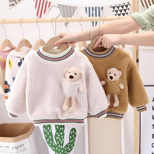 Kids Winter Clothing 2021 New Baby Boys Plus Velvet Hoodies Cartoon Bear Thicken Knitted Warm Sweatshirt for Girls Child Hoodies