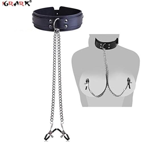 Leather Choker Collar with Nipple Breast Clamp Clip Chain BDSM Bondage Gear Set Sex Toys for Women Couples Adults Games Tools