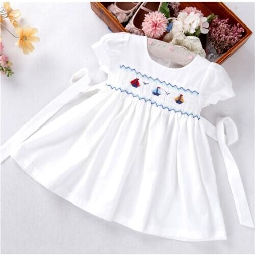 Summer baby girls dresses white smocked hand made plain solid cotton Sailboat kids clothes