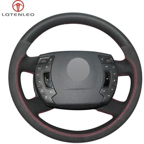 LQTENLEO Black Genuine Leather Suede DIY Hand-stitched Car Steering Wheel Cover For Citroen C5 2008-2017