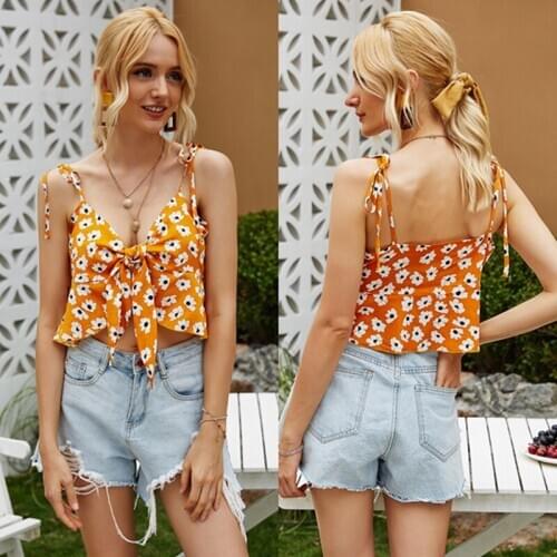 Bow Tie Camisole Tank Tops Women Summer Crop Top Streetwear Floral Print Cropped Tees Camisole