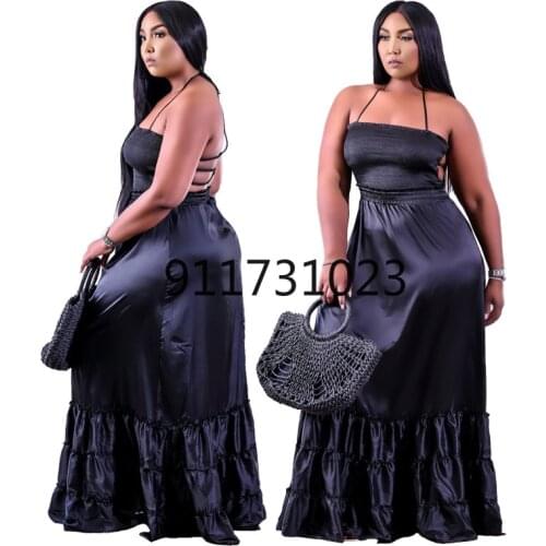 Charming Women Plus Size Halter Floor-length Dresses 2021 Summer Sleeveless Backless Lace-up High Waist Ruffles Party Dress