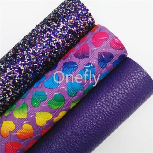 Onefly 21X29CM Purple Glitter Leather, Hearts Embossed Faux Leather Fabric Sheets For Bow DIY handbags shoes BQ028