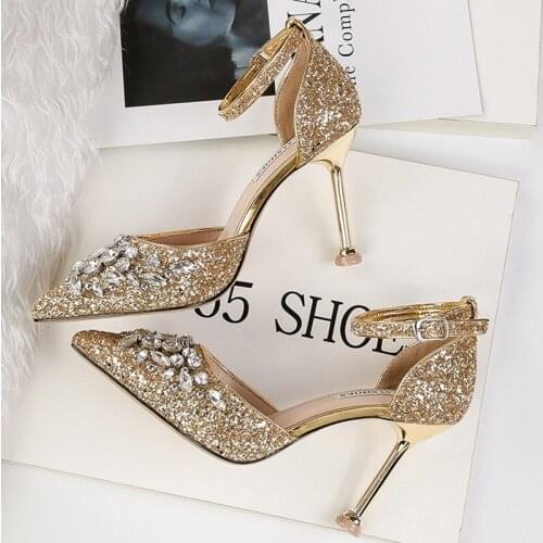 New Women Summer 9.5cm High Heels Crystal Luxury Sandals Lady Glitter Bling Pumps Footwear Sequins Wedding Bridal Sandles Shoes