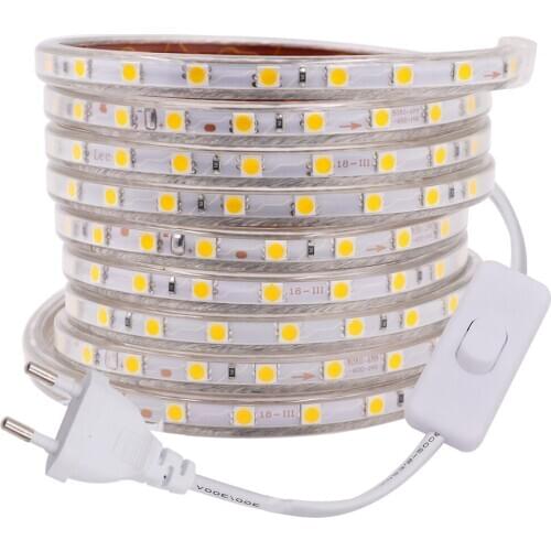 LED Strip 220V Waterproof 60LEDs/m Flexible Tape Ribbon SMD 5050 LED Light Strip With EU Switch Plug