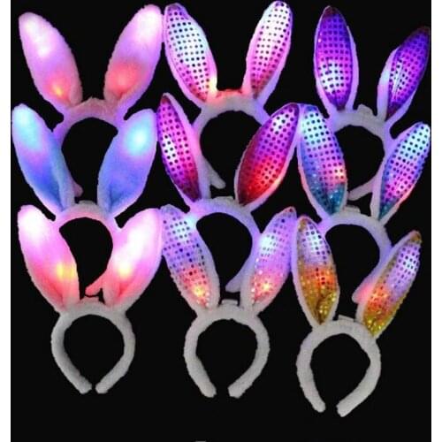 LED Light Flashing Plush Fluffy Bunny Rabbit Ears Headband Costume accessory Cosplay Woman Girl Halloween Christmas