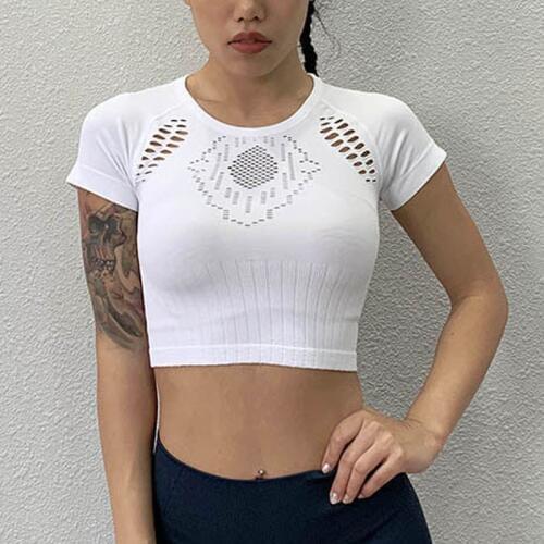NORMOV Sexy Solid Color Women Short Sleeve Short Paragraph Tops Fitness Engrave Air Tees Skinny Slim fit O-Neck Tees