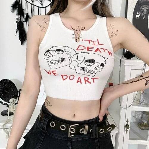 Gothic Sexy Punk Goth Crop Tops Women’s Summer Skull Print Vest Top New White Fashion Round Neck Sleeveless Slim Tank Top Mujer