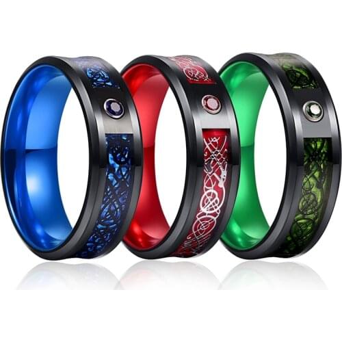 Foreign Trade Carbon Fiber Scrub Blue Zircon Men Rings 100% Tungsten Carbide Anillos Para Hombres Black Dragon