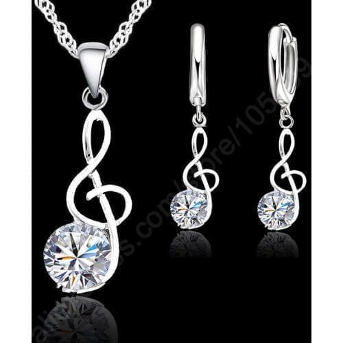 Musical Notes Jewelry Sets Real 925 Sterling Silver Cubic Zirconia Symbols Shape Pendant Necklaces Earrings Sets Gift