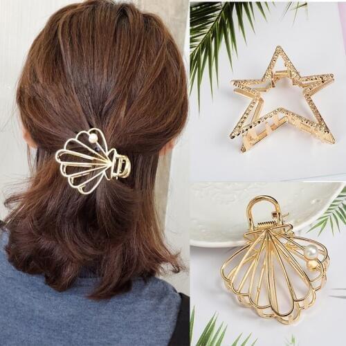 Women Summer Crab Fashion Star Shell Hair Claws Girls Hair Clips Banana Alloy Pearl Hollow Large Hair Accessories Free Shipping
