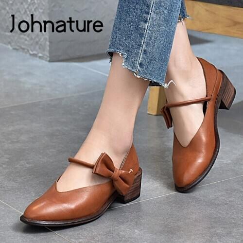Johnature Pumps Women Shoes Genuine Leather Pointed Toe 2021 New Spring/Autumn Retro Butterfly-knot Handmade Mary Jane Shoes