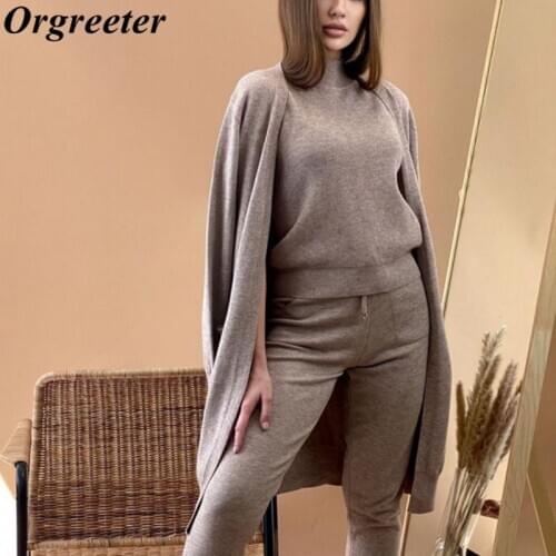 Women Sweater 3 Piece Set Tracksuit 2020 Autumn Winter Long Cardigan Coat + Half Turtleneck Vest + Pants Knitted Suits Outfits