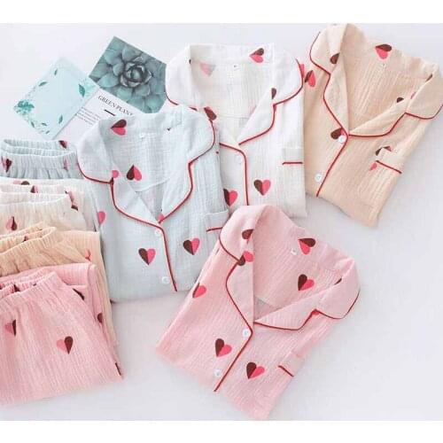 Ladies Full Cotton Pajamas Set Heart Printed 100% Gauze Cotton Spring And Fall Soft Turn-down Collar Sleepwear Women Homewear