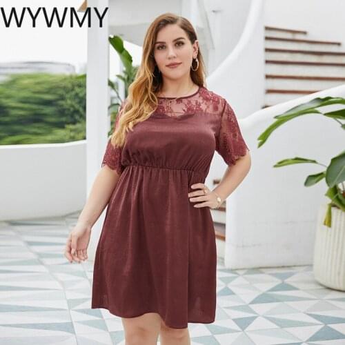 WYWMY Solid Color Elegant Dress Summer 2021 Short Sleeve Plus Size Sexy Lace Round Neck Mini Dresses Outfits for Women Casual