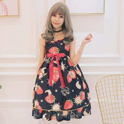 Kawaii Strawberry Angel Jsk Lolita Princess Sleeveless dress Sweet Women dress High Waist Bow Sling Dress