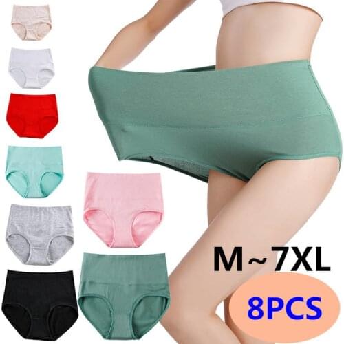 8PCS / Lot M~7XL Plus Size Briefs Women Underwear High Waist Panties Abdomen Cotton Underpants Solid Breathable Female Intimates